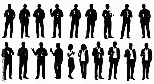 Silhouette of people in business attire holding cups in various poses and arrangements in a group shot
