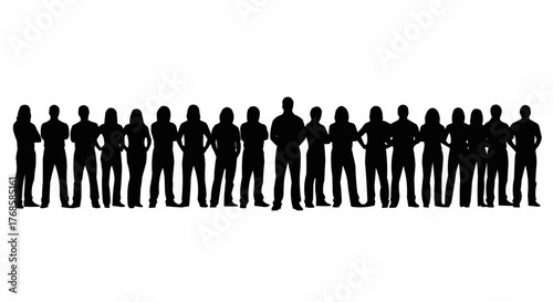 Silhouette of a diverse group of people standing together in a line against a white background image