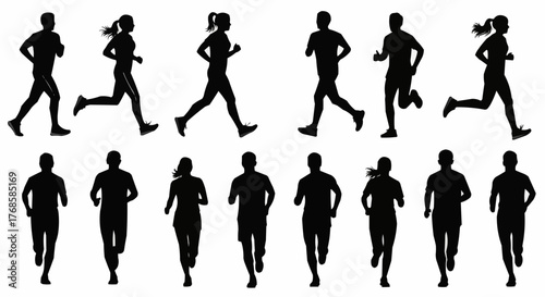 Silhouette illustration of several people running in a group fitness and exercise activity outdoors