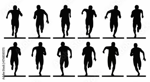 Silhouette depictions of a person running in different poses arranged in rows and columns on white background