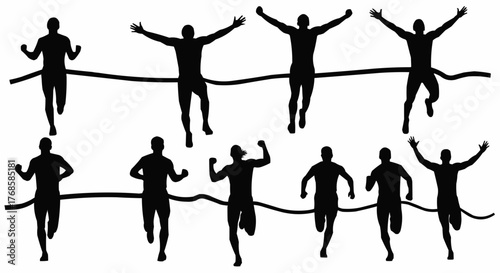 Silhouette of multiple runners crossing the finish line in a race with arms raised in victory and celebration