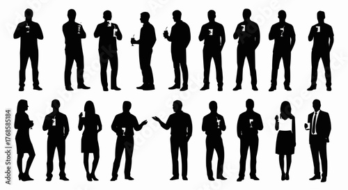 Silhouettes of people standing and holding drinks in various poses and orientations on a white background
