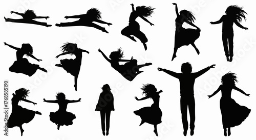 Silhouette of multiple people in various poses of dance and movement against a white background artful design