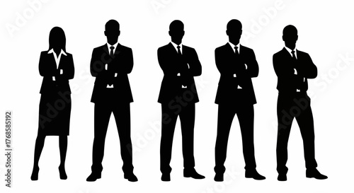 Silhouette illustration of five business people standing with arms crossed in formal attire on white background