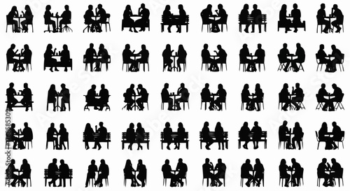 Silhouette collection of couples sitting at tables and benches in various settings and arrangements