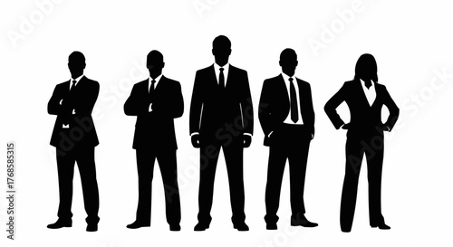 Silhouette of five business people standing in a row wearing suits and ties on a white background