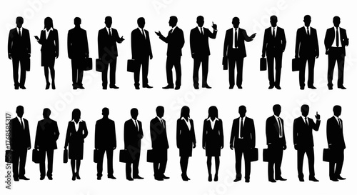 Silhouettes of business people in suits and dresses standing in rows against a white background design element