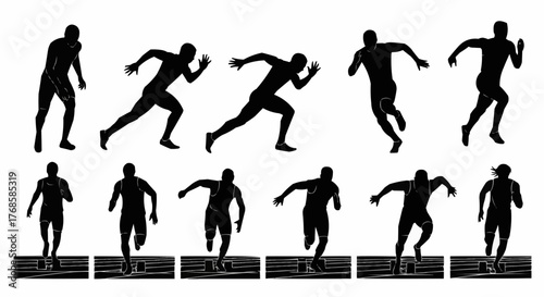Silhouette images showing runners in various stages of a race on a white background in black color