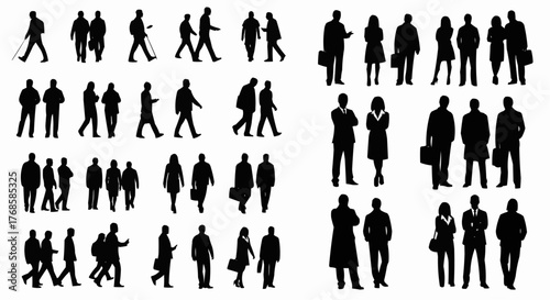 Silhouettes of people in various poses including walking standing and carrying briefcases and bags shown