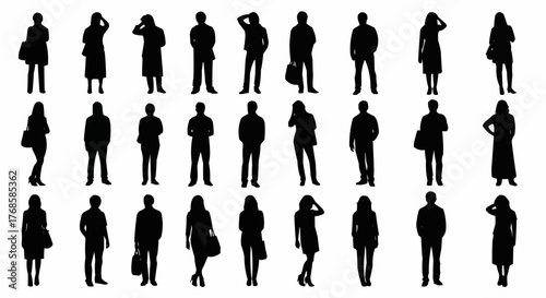 Silhouette figures of diverse people standing in various poses against a white background view from front