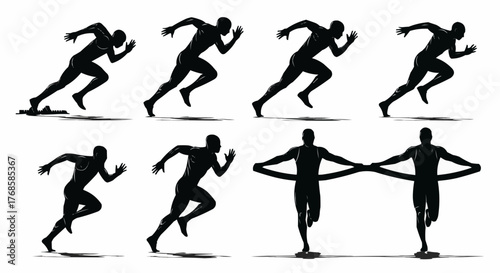 Silhouette sequence showing a runner in various stages of a race finishing with a ribbon across the chest