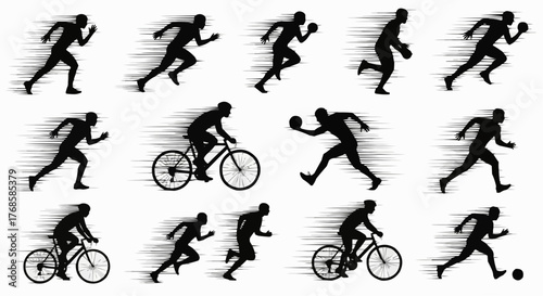 Silhouettes of people running cycling and playing sports with motion lines indicating speed and movement
