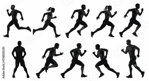 Silhouettes of runners in various poses depicting running motion and athletic activity on a white background