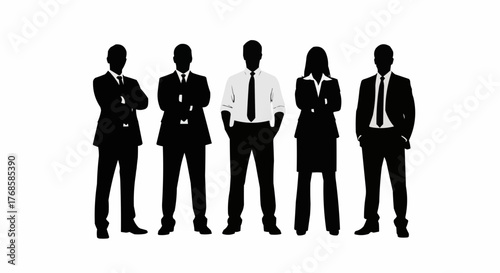 A group of five business people standing in a row in silhouette wearing suits and ties on a white background