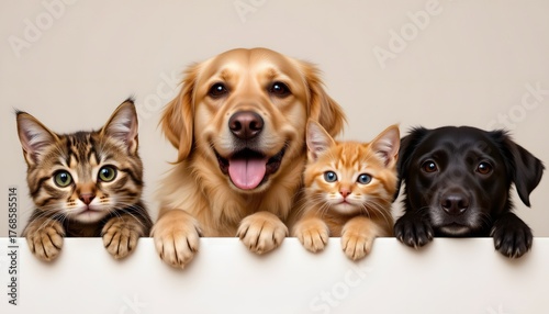 Four Adorable Pets Including a Golden Retriever, Tabby Cat, Ginger Cat, and Black Labrador Together