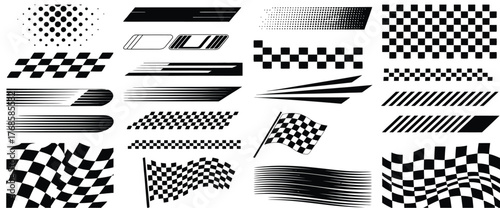 Adobe IlProfessional black-and-white checkered flag vectors symbolizing speed, victory, and motion. Ideal for race-themed designs, automotive artwork, and competition graphics — fullylustrator Artwork