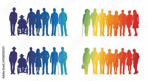 Diverse group of people standing together in silhouette with varying colors and abilities shown