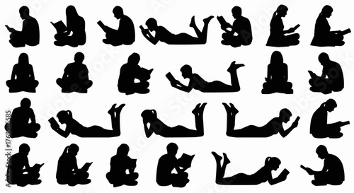 Silhouettes of people reading books and using devices in various positions on a white background scene view