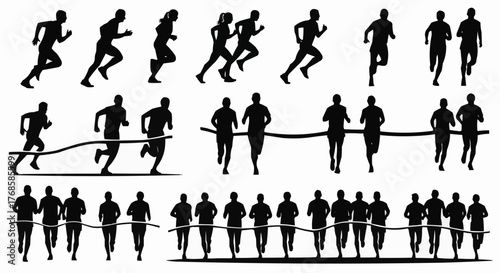 Silhouette illustrations of runners in various poses and running formations on a white background scene