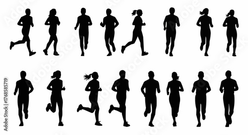 Silhouette illustration of many people running in a race or marathon in a black and white color scheme