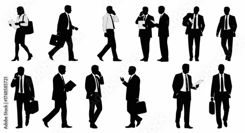 Silhouette illustration of business people walking and talking on phones and holding documents and bags