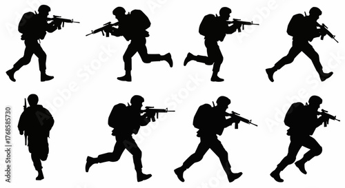 Silhouettes of soldiers running with rifles and backpacks in a military operation training exercise