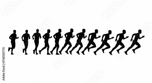 Silhouette sequence of runners in motion showing different stages of a running stride on a white background