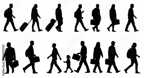 Silhouette depiction of people walking with luggage and bags in a monochrome style illustration art
