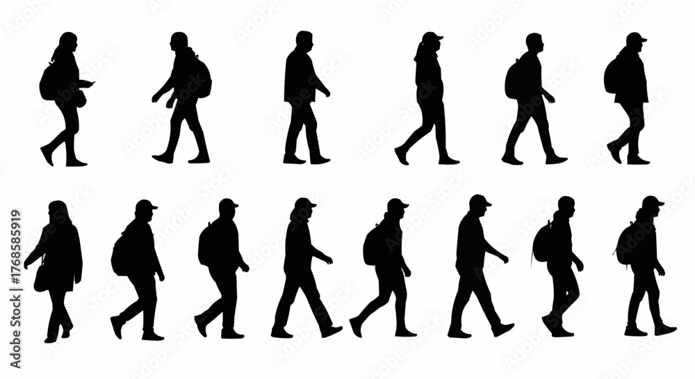 Naklejka premium Silhouettes of people walking with backpacks and bags in various poses and styles on a white background