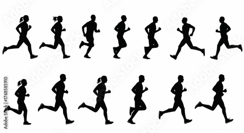Silhouette illustration of people running in a row on a white background in a side view position