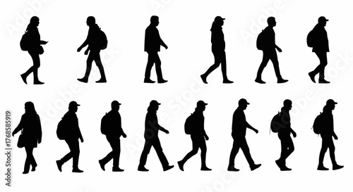 Silhouettes of people walking with backpacks and bags in various poses and styles on a white background