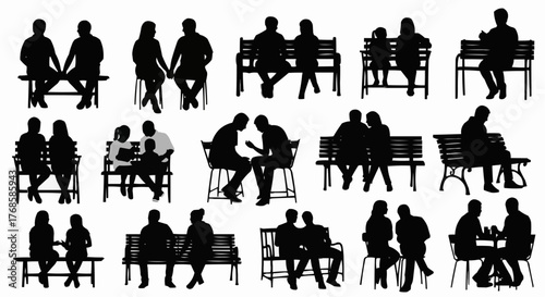 Silhouette illustration of people sitting on benches and chairs in various poses and groupings outdoors