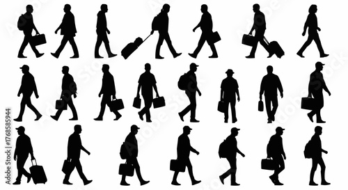 Silhouette of various people walking with luggage bags and backpacks in different directions on a white background