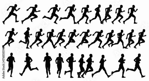 Silhouette illustrations of runners in various poses on a white background showing motion and athleticism