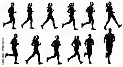 Silhouettes of people running with headphones in various poses on a white background in a horizontal layout