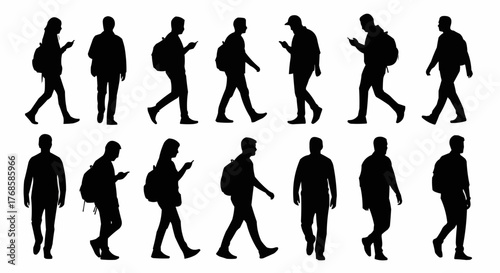 Silhouettes of people walking some with backpacks and phones in black and white on a white background