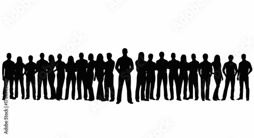 Silhouette of a large group of diverse people standing together in a horizontal line formation on white