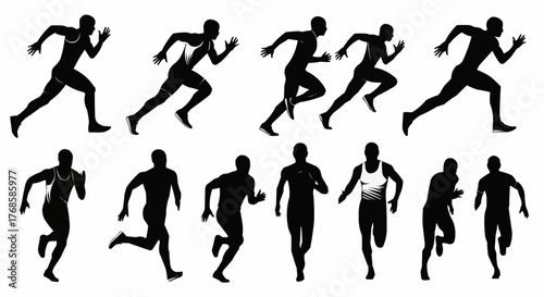 Silhouette depictions of runners in various poses showcasing speed and athleticism in a dynamic composition