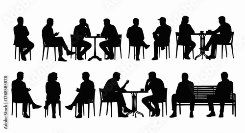 Silhouettes of people sitting at tables and on a bench in an outdoor cafe setting in black and white art