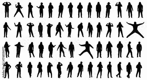 Silhouette representations of diverse people in various poses and actions displayed in a group formation