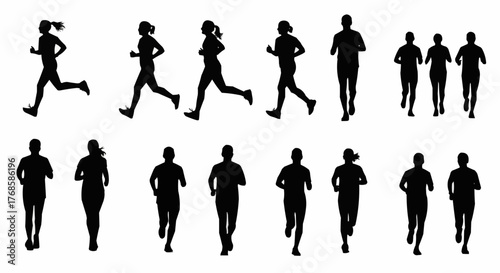 Silhouette collection of people running and jogging in various poses on a white background image art