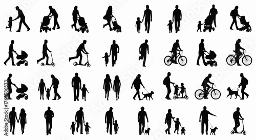 Silhouettes of people walking, riding bikes, pushing strollers, and with children and dogs on white
