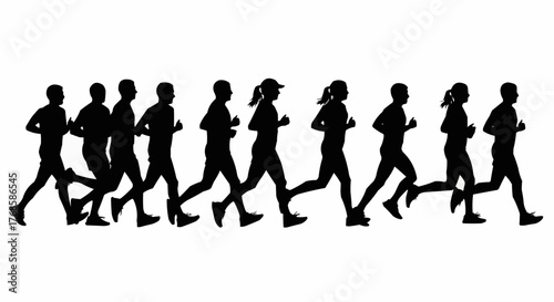 Silhouette of a group of people running together in a race or marathon on a white background scene