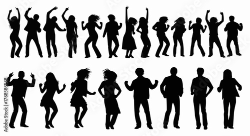 Silhouette illustration displaying a group of people dancing and enjoying themselves at an event or party