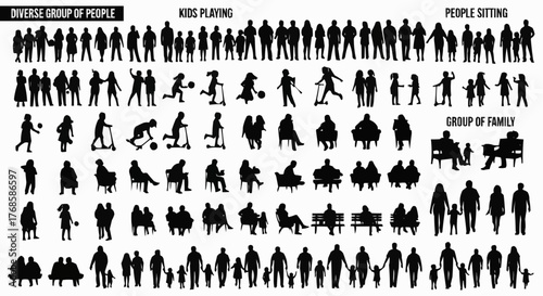 Silhouette illustration of diverse people kids playing people sitting and groups of family members in black