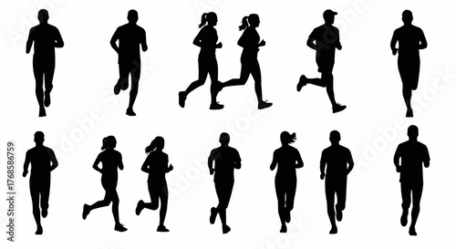 Silhouette illustration showing a group of people running in a marathon race competition activity fitness