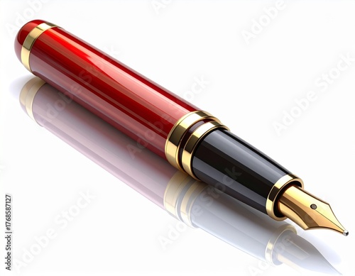 Elegant Red and Gold Fountain Pen on Reflective White Surface Close Up