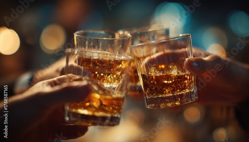 Friends Celebrating With Whisky Drinks In The Evening After Work, Clinking Glasses And Sharing Cheers In A Party Atmosphere.