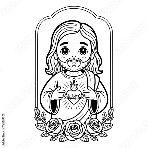 Sacred illustration of Jesus with open arms – black vector