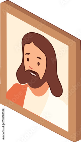 An isometric illustration of a framed portrait depicting a bearded man in warm tones, symbolizing faith, spirituality, and inspiration